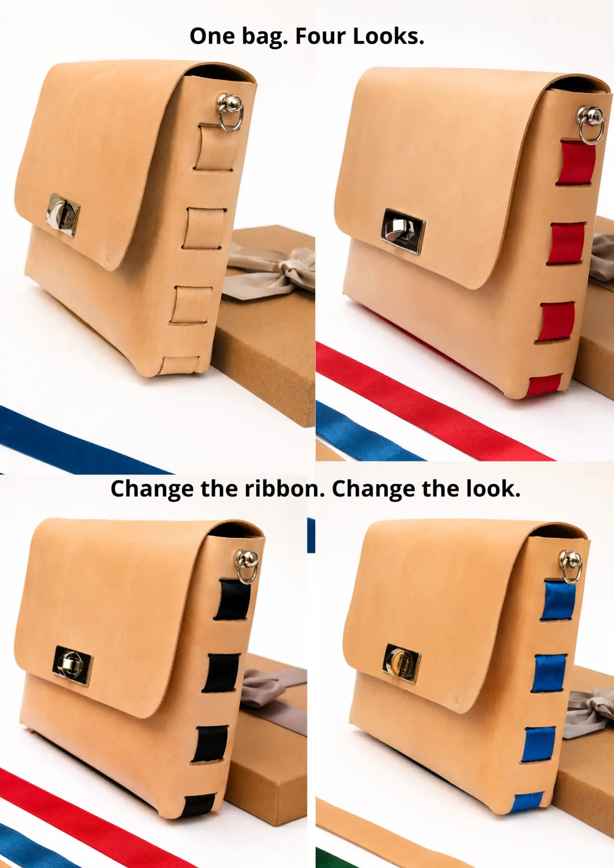 Eine Ledertasche in vier austauschbaren Varianten